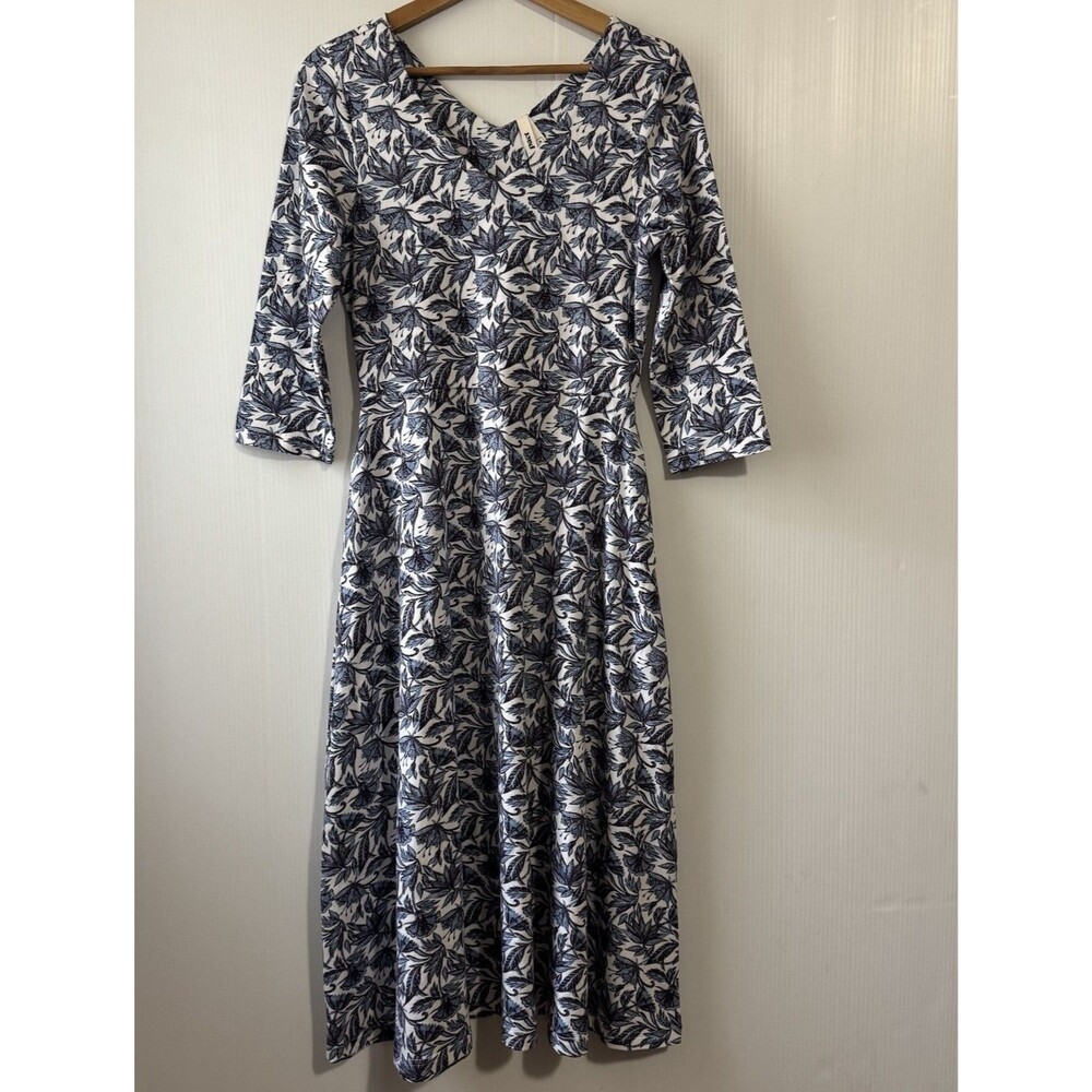 Pact 100% Organic Fit & Flare Floral Print Midi Dress V-neck Sz M Pockets Blue/W